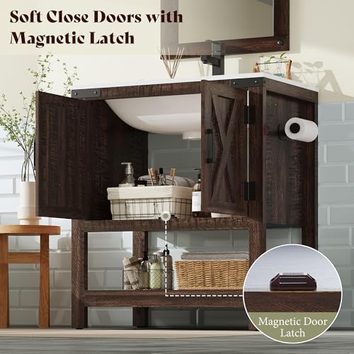 AMERLIFE 24" Brown Farmhouse Bathroom Vanity with Sink and Open Shelf | Rustic Brown, Single Solid White Integrated Top, Moisture-Resistant MDF, Barn Doors, Open Shelf, Paper Towel Holder - color: Rustic Brown, size: 24“