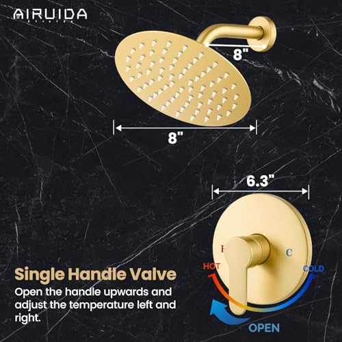 Airuida Shower Faucet Set,8 Inch Brushed Gold Shower Trim Kit | Round Rainfall Shower Head,Single Handle,Male Threads Rough-in Valve,Wall Mount Bathroom System - color: Gold, size: 8 Inch