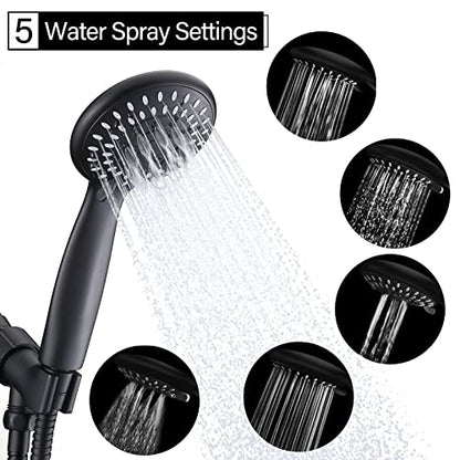 Handheld Shower Head High Pressure 5-Settings with Hose, Matte Black | Powerful Water Spray, Against Low Pressure Water Flow, 59 Inch Stainless Hose, Adjustable Mount - color: Black