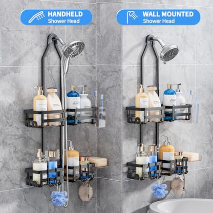 Aluminum Shower Caddy Hanging, Never Rust Shower Organizer | 4 Levels with adjustable Height 10 Hooks for Razor/Sponge - Rack with Soap Basket (Black-1) - color: Black-1