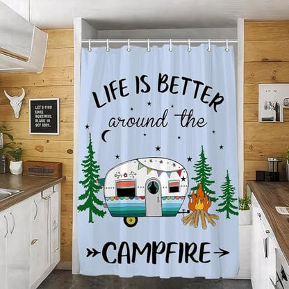JAWO RV Shower Curtain, Happy Camper Shower Curtain for Travel Trailer, Farmhouse Camping Shower Curtain Hooks Included (47" W x 72" H), Aqua - color: Multi2, size: 47"W x 72"L (Pack of 1)