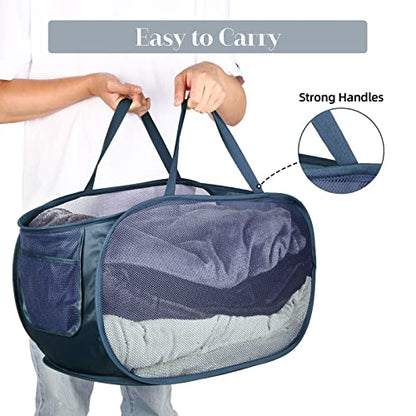 Durable Collapsible Laundry Baskets, Mesh Pop Up Laundry Hamper with Side Pocket, Foldable Clothes Hamper with Reinforced Carry Handles for Laundry, Bathroom, Kids Room, Dorm, Travel 2 Pack Navy Blue - color: 2 x Navy Blue