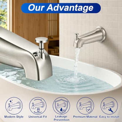 Universal Brushed Nickel Tub Spout with Diverter, Metal Cover and Adapter | Pull Down Bathroom Tub Faucet Replacement, for 1/2" Copper Pipe, 1/2" IPS & 3/4" IPS threaded, Bathtub Spout with Hex Wrench - color: Brushed Nickel
