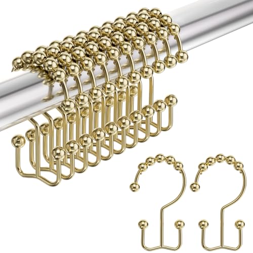 Gold Shower Curtain Hooks Rings, Stainless Steel Shower Curtain Rings, 12Pcs Double Glide Shower Hooks for Bathroom Shower Curtain Rods Dual Rust-Resistant Shower Rings - color: Polished Golden, style: Double Hooks