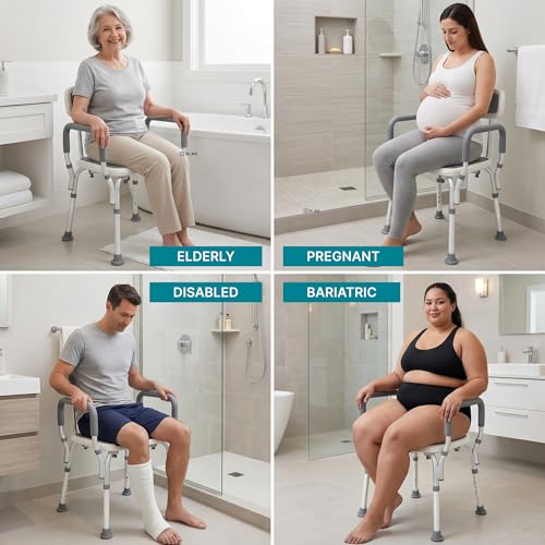 Dr. Aid Shower Chair, 6-Height Adjustable, 400 lbs, Grey Seat Cushion | Height Adjustable, Anti-Slip, Tool-Free Assembly, Arms & Back Support