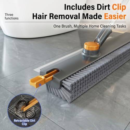 3-in-1 Floor Scrub Brush with Long Handle, Floor Scrubber with Squeegee Tweezers, Adjustable Heavy-Duty Stiff Bristle Cleaning Brush for Tile, Bathroom, Shower, Garage, Patio, Deck(Dark Grey) - color: Dark Grey