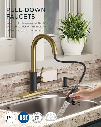 FORIOUS Kitchen Faucet with Soap Dispenser, Stainless Steel, Brushed Gold | Pull Down Sprayer, High Arc Single Handle, Classic 3 Modes Bar Sink Faucet with Deck Plate, Suitable for Rv Laundry Camper - color: Black&Gold, style: Classic