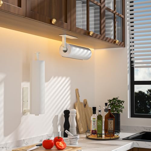Paper Towel Holder Under Cabinet No Drilling, Self Adhesive Paper Towel Holder Wall Mount for Kitchen Rack, Under Counter Napin Holder No Drill, RV, 304 Stainless Steel, White - color: White