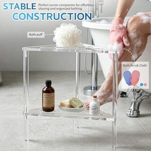 Acrylic Corner Shower Stool for Shaving Legs - Clear Triangle Shower Stool with 2-Tier Storage Shelf - Modern Bathroom Step Stool - Includes 1 Bath Sponge & 2 Shower Loofahs for Exfoliation