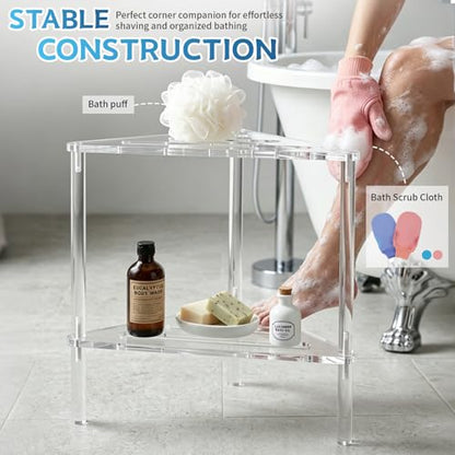 Acrylic Corner Shower Stool for Shaving Legs - Clear Triangle Shower Stool with 2-Tier Storage Shelf - Modern Bathroom Step Stool - Includes 1 Bath Sponge & 2 Shower Loofahs for Exfoliation