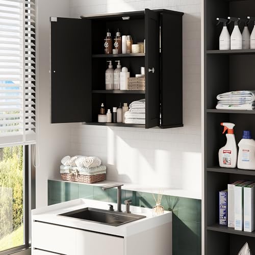 Bathroom Wall Cabinet, Bathroom Cabinet Wall Mount, Over Toilet Space Saver Storage Cabinet, Wood Medicine Cabinets, Black - color: Black