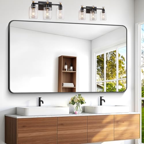 BONEWEI 60x36 inch Large Bathroom Mirror,Black Rectangle Mirror,Wall Mounted Bathroom Frame Vanity Mirror with Round Corner for Bedroom Living Room, Entryway Hangs Horizontal or Vertical - color: Black Rounded Rectangle, size: 60"L x 36"W
