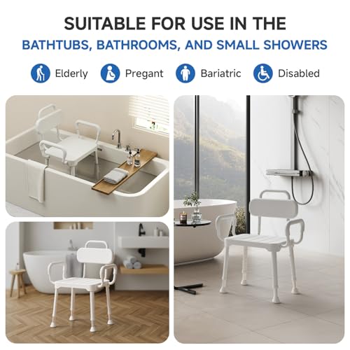 Loyoda Shower Chair for Inside Shower with Back & Arms, Ideal for Seniors | Height Adjustable Shower seat for Disabled, 350 lb Capacity, Non-Slip, Rust-Resistant Aluminum Frame - size: Neutral Gray