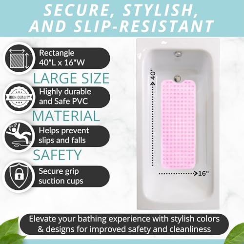 ENKOSI Non-Slip Bath & Shower Mat 40x16 Extra Long, Suction & Drain Holes | Clear Pink look; Durable PVC; 40x16 in, Clear Pink - color: Clear Pink