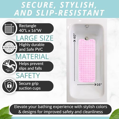 ENKOSI Non-Slip Bath & Shower Mat 40x16 Extra Long, Suction & Drain Holes | Clear Pink look; Durable PVC; 40x16 in, Clear Pink - color: Clear Pink