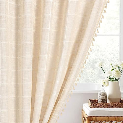 Boho Farmhouse Classic Plaid Linen Tassel Shower Curtain Cream,36x72 | Small Stall Half Size,310GSM Linen Blend Heavy Duty Cloth,3-side Tassels,Wrinkle Resistant,Rustic Bohemian Country design - color: Cream, size: 36"W x 72"L (Pack of 1)