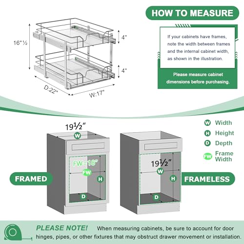2-Tier Pull Out Cabinet Organizer (17" W x 22" D) | Soft Close Cabinet Slide Out Shelves, Heavy Duty Slide Out Drawers with Shelf Liner for Kitchen Cabinets, Pantry, Bathroom - size: 17"W x 22''D