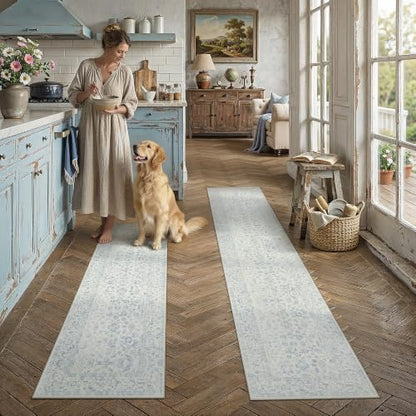 2'x6'+2'x10' Blue 2-Piece Kitchen Rug Set with Runner | Floral, Soft, Entryway, Hallway, Bathroom - color: Blue, size: 2' x 10' (Rug Set)