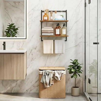 Wall Mounted Towel Rack for Bathroom Rustic Brown | Bath Storage Holder, 3-Tier 15.7" Wide, Steel Wood Towel Shelf with Bar - color: Rustic Brown