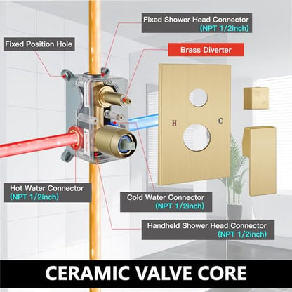 Midanya Shower Faucet Set with Handheld Sprayer,10 Inch,Brushed Gold | Rough-in Shower Valve and Trim Kit Included,Square Rain Head,Wall Mount Shower System,All Metal,Bathroom - color: Gold, size: 10 Inch