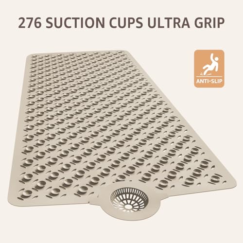 OTHWAY Bath Mat for Tub Non Slip: 39" X 17" Long Bathtub Mat with Hair Catcher│Big Drain Holes Shower Mats for Inside Shower│Machine Washable (Brown) - color: Brown