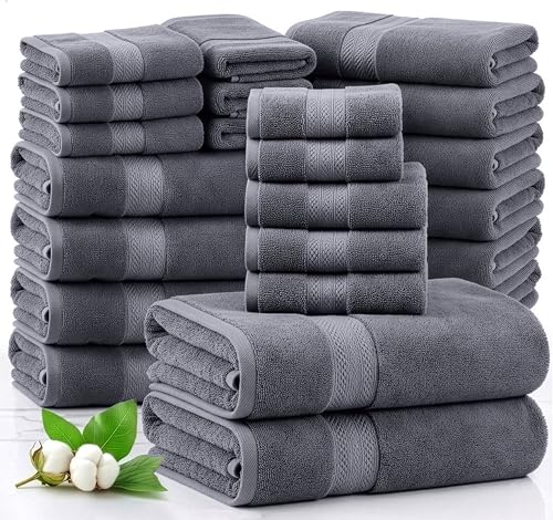 LANE LINEN 100% Cotton Bath Towels Set - 24 PCs - Durable, Quick Dry, Super Soft & Highly Absorbent - 4 Bath, 4 Fingertip, 6 Hand Towels, 8 Washcloths, 2 Bath Sheets - Perfect Family Set - Cool Grey | Towels And Washcloths Sets - Oversized & Roomy, Lightw