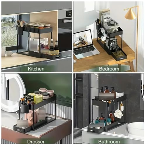 2-Tier Expandable Sink Cabinet Shelf, Stainless Steel Under Sink Organizer, Tool-Free Assembly, Rust-Proof & Heavy-Duty (Black)