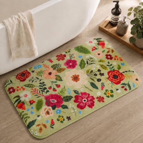 Floral Bathroom Rugs Cute Green Bath Mats, Flower Rug Non Slip Washable Green Bathroom Rug, Soft Small Bath Mat for Bathtub Floor - color: Green, size: 1'8" x 2'8" (Rectangular)