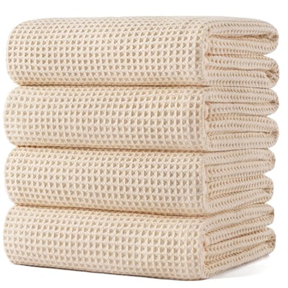 POLYTE 430 GSM Poly Blend Microfiber Quick Dry Waffle Bath Towel, 30x60 in | 4 Pack, Oversize, Lint Free, Body Towel - color: Light Beige