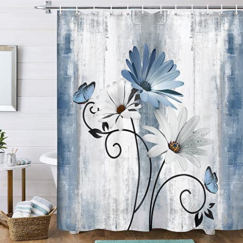 Rustic Farmhouse Shower Curtain, Farm Blue Daisy Floral Flowers and Butterfly on Country Wooden Shower Curtain for Bathroom, Turquoise Blue Bathroom Shower Curtains with 12PCS Hooks, 70X84IN - color: Blue, size: 70"W x 84"L (Pack of 1)