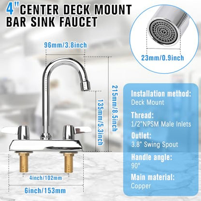 4 Inch Center Kitchen Sink,Commercial Sink Faucet,Brass Kitchen Faucet,Wall Mount Kitchen Faucets，Dual Lever Handles，with 3-1/2" Gooseneck Spout