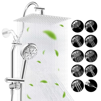 Hibbent High Pressue All Metal 12" Rainfall Shower Head, Handheld 10-Spray | cUPC Certified Chrome Dual Showerhead Combo, 4-way Diverter with Pause Mode, Brass Extension Arm, 71'' Shower Hose & Holder - color: Chrome, style: Square 12"