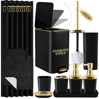 Bathroom Sets with Shower Curtain and Rugs Bathroom Accessories Set Black Bathroom Set,Soap Dispenser & Toilet Brush Holder Set with Stainless Steel Trash Can(23 PCS) - size: Black, style: Bath Set+Waffle Shower Curtain+Bath Rugs