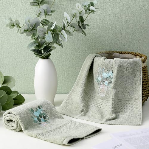 SmoothNovelty 2 Pcs Eucalyptus Hand Towels Gray Green Bathroom Decor 14x29 Inch Embroidered 100% Cotton Soft Absorbent Spring Summer Decorative Hand Towels for Bathroom Kitchen - style: Eucalyptus