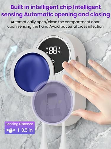 KLUEHOME Upgraded UV Toothbrush Sanitizer Holder for Bathroom, LED Smart Screen,Auto Light Cleaning and 140-Degree Air Drying, Rechargeable Mirror Wall Mounted,Fits Most Toothbrushes