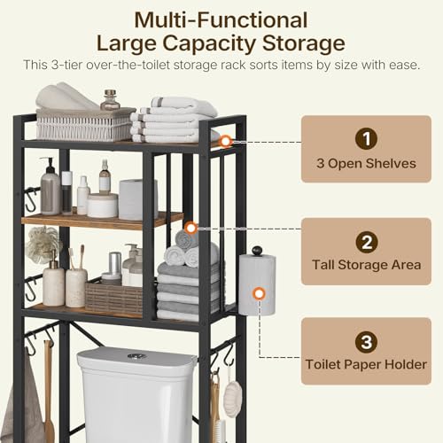 Over The Toilet Storage Rack, 3-Tier Bathroom Organizer Shelf, Above Toilet Storage with Paper Holder 8 Hooks, Over The Toilet Storage Cabinet for Bathroom, Laundry, Rustic Brown and Black TR06BR