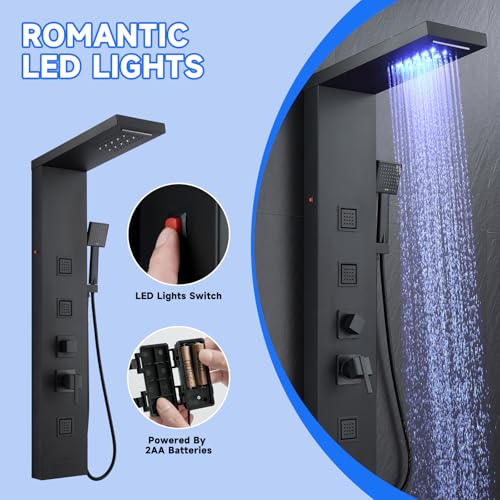 5-in-1 LED Shower Panel Tower System Stainless Steel Matte Black | Rainfall + waterfall heads | Body jets | Handheld shower | Tub spout | LED lights | Wall mount - color: Matte Black