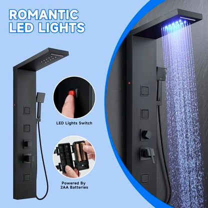 5-in-1 LED Shower Panel Tower System Stainless Steel Matte Black | Rainfall + waterfall heads | Body jets | Handheld shower | Tub spout | LED lights | Wall mount - color: Matte Black