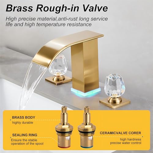 Brushed Gold Bathroom Faucet 3 Hole, 8-inch Widespread Vanity Faucet with LED Waterfall spout Gold for Bathroom Sink, Modern Vanity Faucet(Brushed Gold)