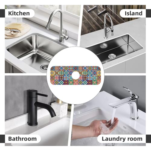 Talavera Mexican Ceramic Tile Floral Kitchen Sink Splash Guard Faucet Mat Super Absorbent Fast Drying Mat Sink Gadgets-Fast Drying Pad Sink Mat For Kitchen Bathroom (15" X 5.5" ) - color: Talavera Mexican Ceramic Tile