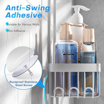 Sewulidon Aluminum Alloy Hanging Shower Caddy for Handheld Shower Heads,Rustproof Hose Shower Organizer 4 Levels Height Adjustable Shower Rack with Hooks,Razor Holder,Soap Holder - color: Aluminum Silver
