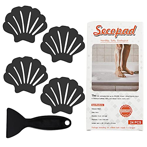 Secopad Non-Slip Bathtub Stickers, 24 PCS Shell Safety Bathroom Tubs Showers Treads Adhesive Decals Scraper (Black) - color: Black