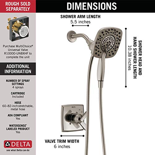 Delta Faucet Ashlyn 17 Series Dual-Function Shower Trim Kit with 2-Spray Touch-Clean In2ition 2-in-1 Hand Held Shower Head with Hose, Stainless T17264-SS-I (Valve Not Included) - color: Stainless