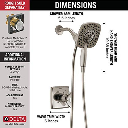 Delta Faucet Ashlyn 17 Series Dual-Function Shower Trim Kit with 2-Spray Touch-Clean In2ition 2-in-1 Hand Held Shower Head with Hose, Stainless T17264-SS-I (Valve Not Included) - color: Stainless