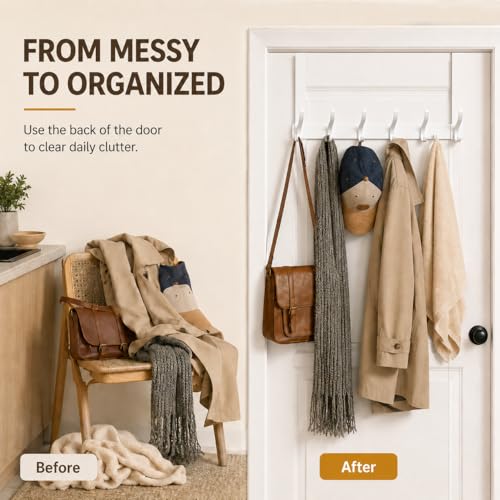 Peasulin 2 Pack Over The Door Hooks, Sturdy Door Hanger, Large Over The Door Towel Rack with 12 Hooks, Heavy Duty Easy to Install, for Bathroom, Bedroom，Kitchen，Hanging Towels, Coats (White) | for 1-3/4" Doors, 7.4" Arms, 6 Double Hooks with 12 Hanging Po