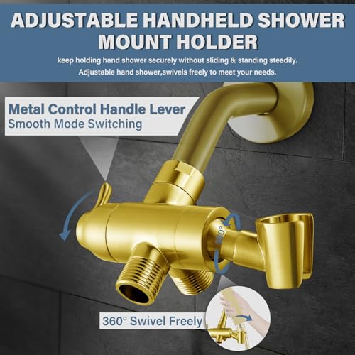 Metal Shower Arm Diverter with Handheld Mount, G1/2" 3-Way Shower Diverter Valve Bathroom Universal Showering System Replacement for Handheld Wand and Fixed Sprayer, Brushed Gold - color: Brushed Gold