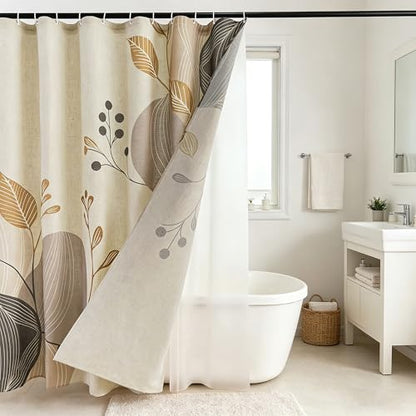 Morandi Branch Linen Boho Floral Shower Curtain Set with Liner | Double Layer Shower Curtain Waterproof Fabric with Zippered Removable PEVA Liner,Boho Shower Curtain for Bathroom,Free Hooks - color: Neutral Leaf