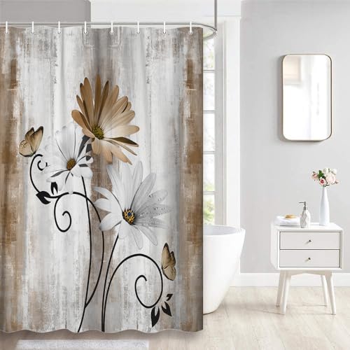 Rustic Farmhouse Shower Curtain, Farm Tan Cream Daisy Floral Flowers and Butterfly on Country Wooden Shower Curtain for Bathroom, Beige Brown Shower Curtain with 12PCS Hooks, 47X64IN - color: Tan, size: 47"W x 64"L (Pack of 1)