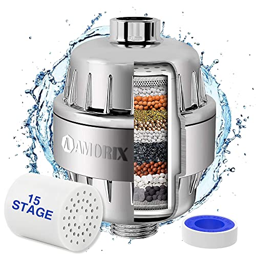 Amorix 15 Stage Shower Head Filter Water Filter for Hard Water Silver | High Output Filter Replacement, Reduces Chlorine, Reduces Dry Skin & Itchy Scalp, Water Softener, Improves Skin Condition - color: Chrome, style: Shower Filter