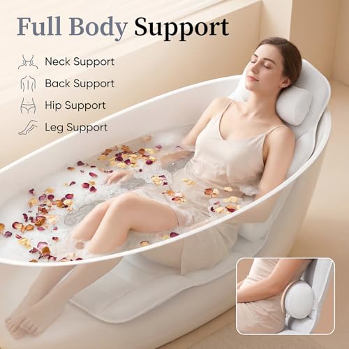 Full Body Bath Pillow for Bathtub, Adjustable Bathtub Pillows, White | Head & Neck Support, Extra Long Thick Bathtub Cushion with 192 Non-Slip Power Suction Cups, Spa Bathing Present (52" x 17")